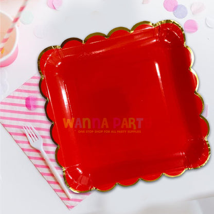 10" Red Square Plates with Golden Rim - 10 PC