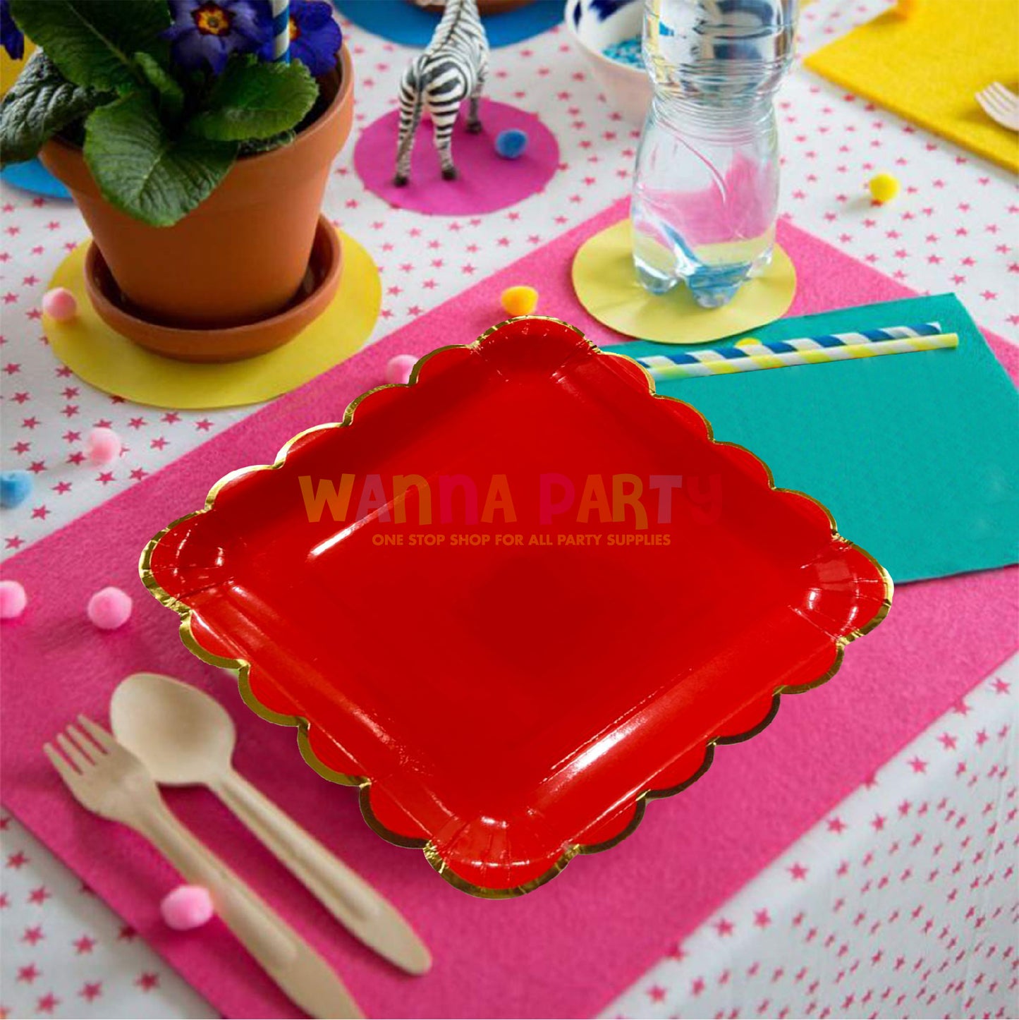 10" Red Square Plates with Golden Rim - 10 PC