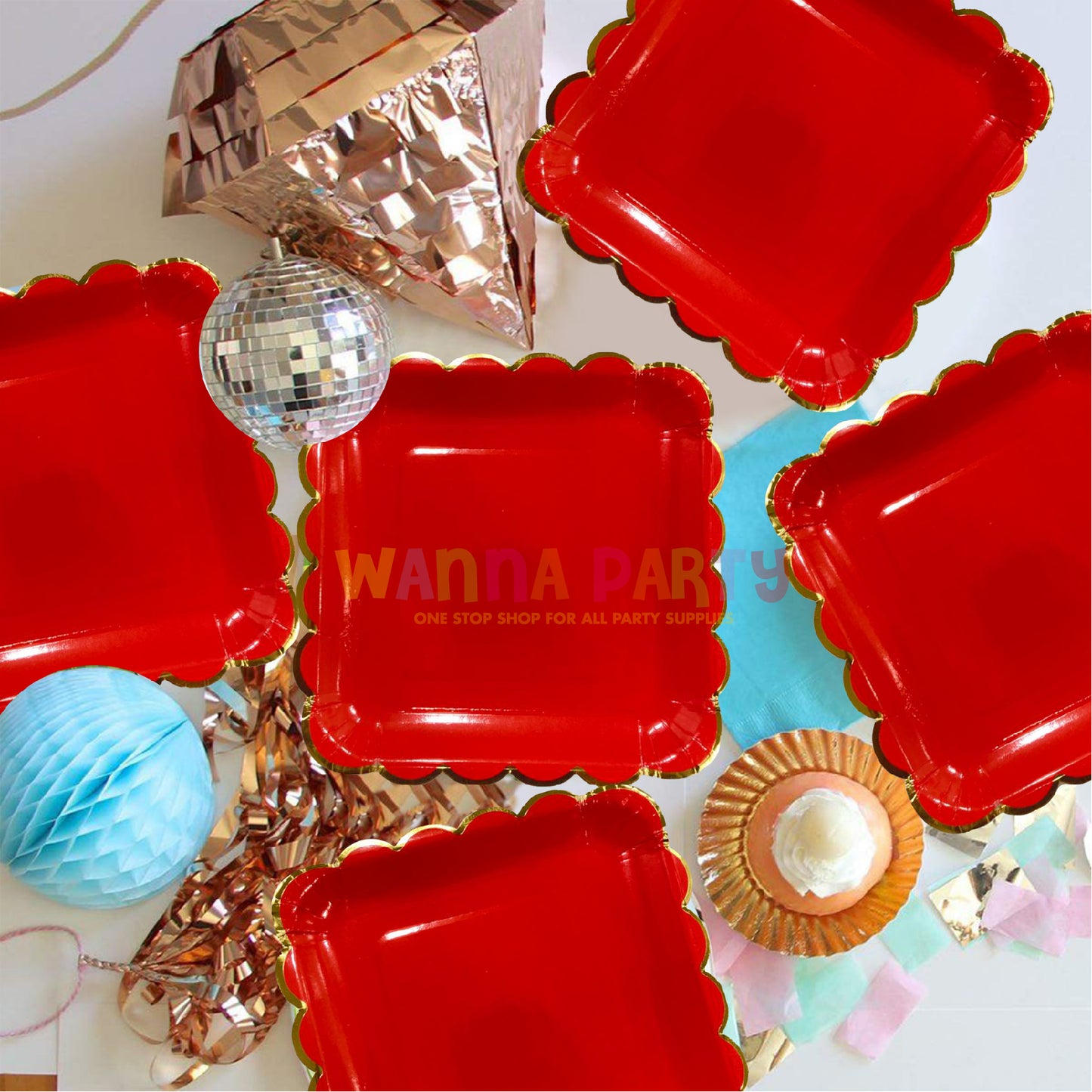 10" Red Square Plates with Golden Rim - 10 PC