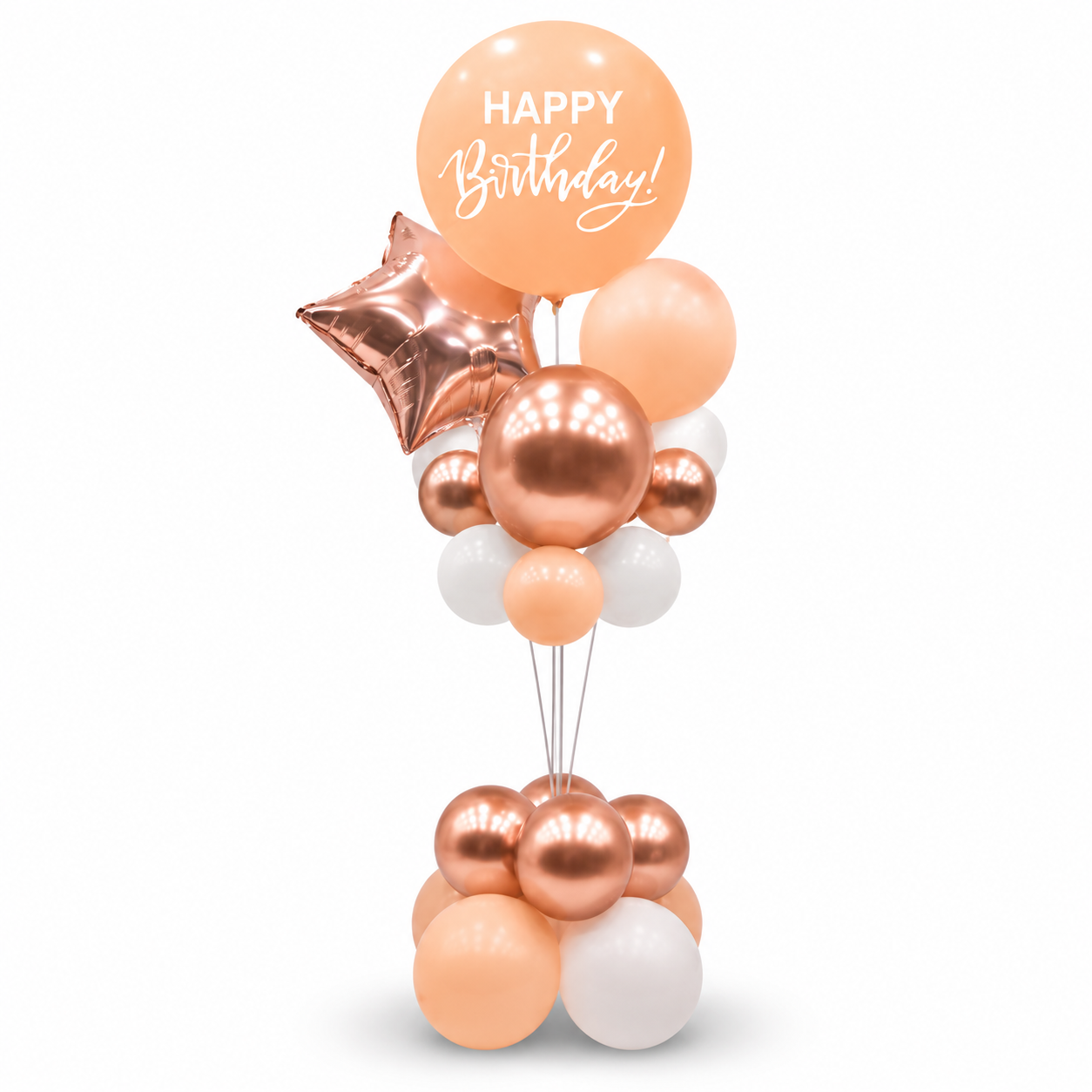 Peach & Rose Gold Happy Birthday Balloon Bouquet Stand Set -  21 Pcs | Balloons with Plum Blossom Base, Holder & Fiber Rods, Table Centerpiece Decoration for Birthday Party - 1 Set