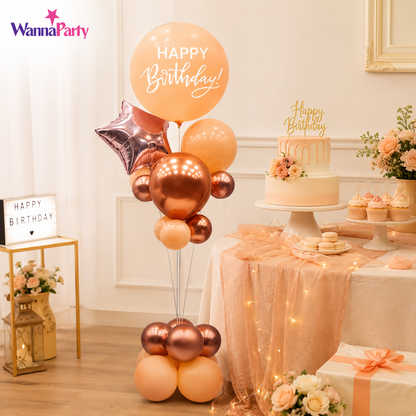 Peach & Rose Gold Happy Birthday Balloon Bouquet Stand Set -  21 Pcs | Balloons with Plum Blossom Base, Holder & Fiber Rods, Table Centerpiece Decoration for Birthday Party - 1 Set