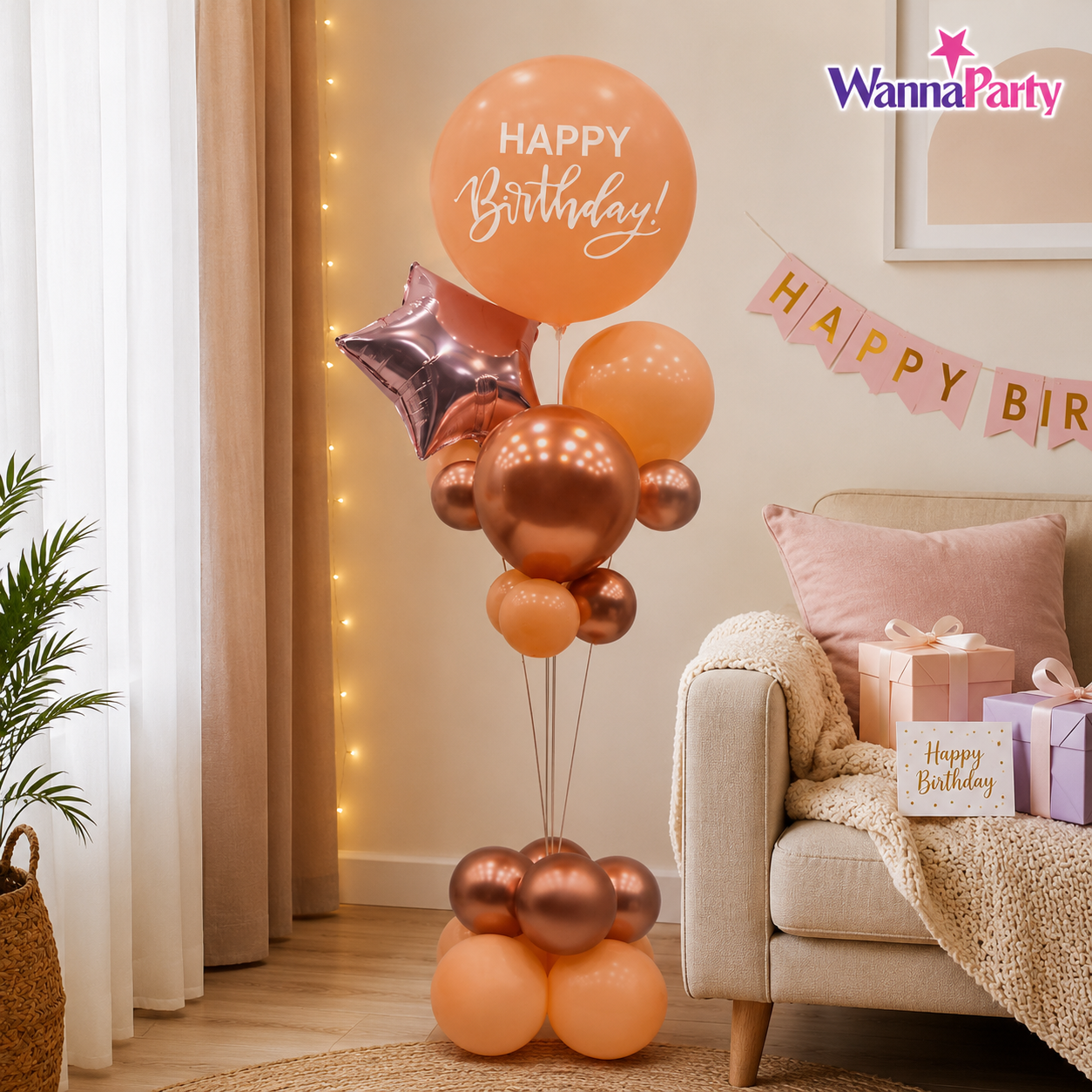 Peach & Rose Gold Happy Birthday Balloon Bouquet Stand Set -  21 Pcs | Balloons with Plum Blossom Base, Holder & Fiber Rods, Table Centerpiece Decoration for Birthday Party - 1 Set