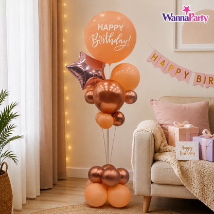Peach & Rose Gold Happy Birthday Balloon Bouquet Stand Set -  21 Pcs | Balloons with Plum Blossom Base, Holder & Fiber Rods, Table Centerpiece Decoration for Birthday Party - 1 Set