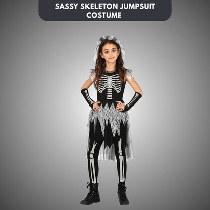 Sassy Skeleton Jumpsuit Costume with Tutu and Floral Headband with White Veil