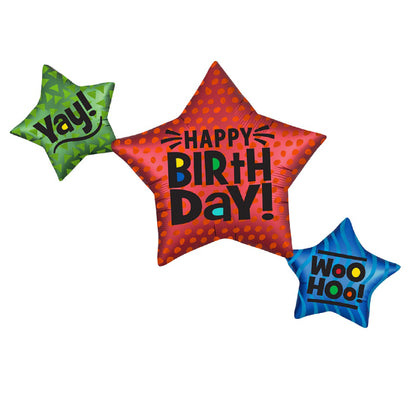 Large Shape Satin Trio Star Happy Birthday Balloon 32 inches - 1 PC