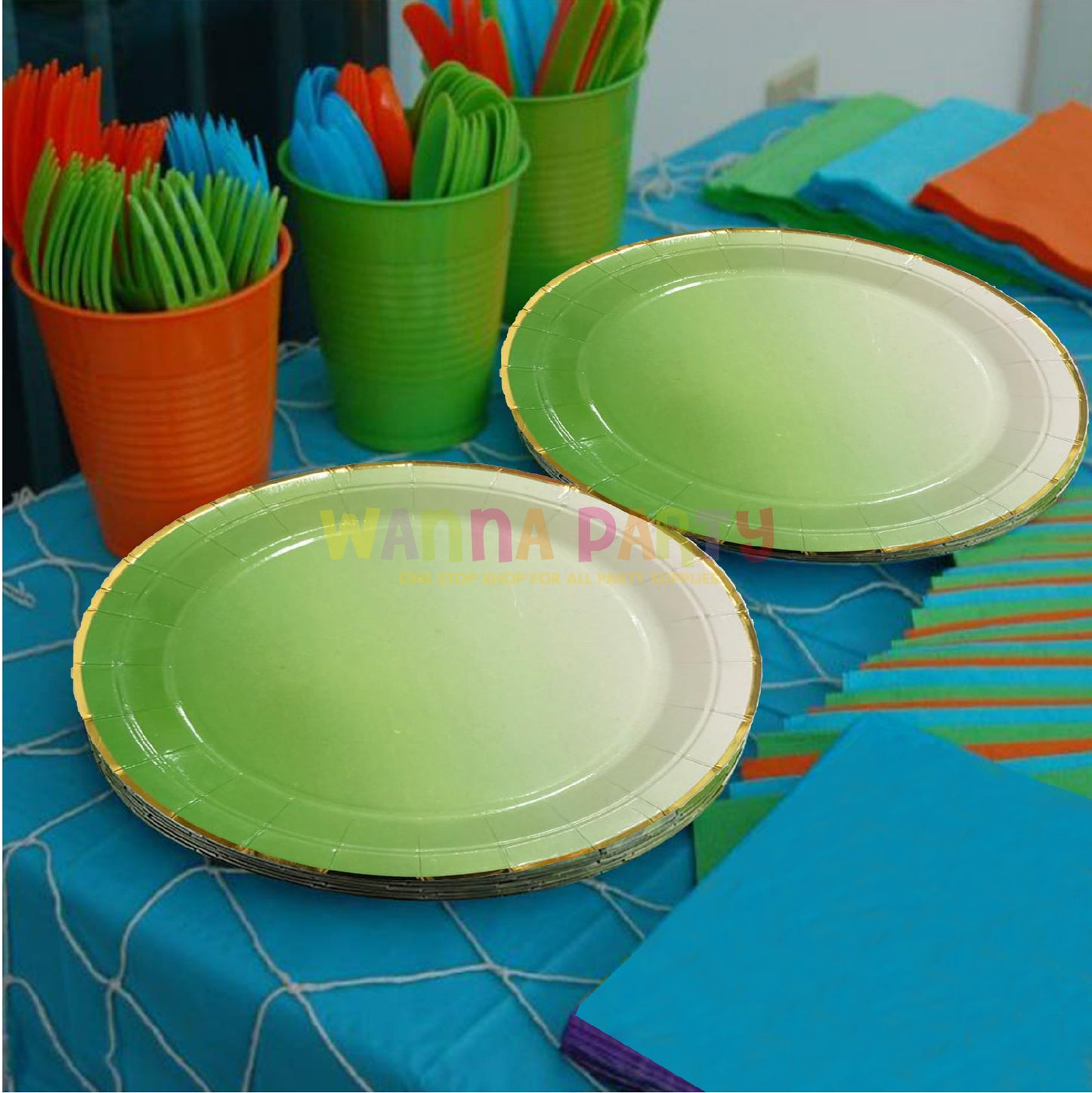 Sea Green Paper Plates with Golden Rim