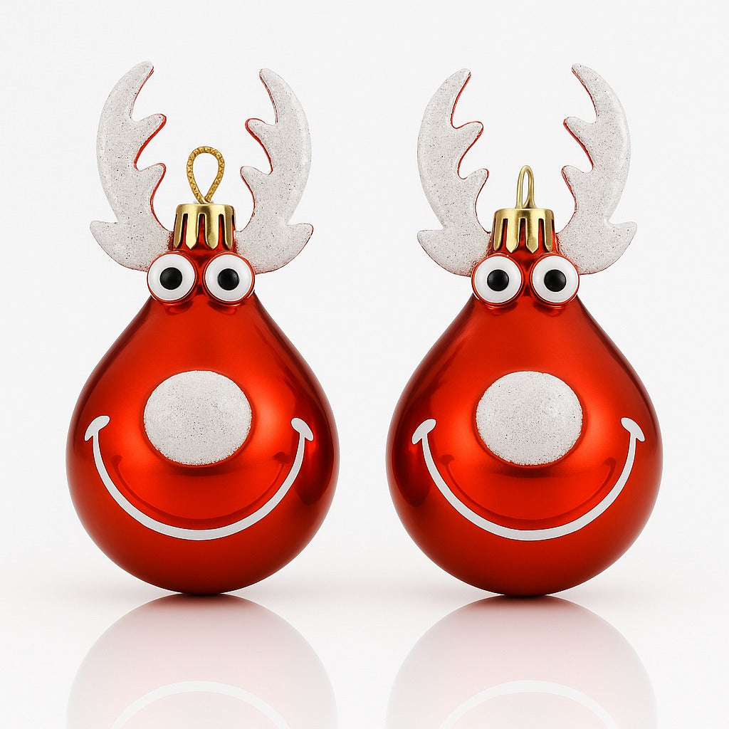Christmas Reindeer Face Red  with Snow Nose Tip and Horns - Set of 2