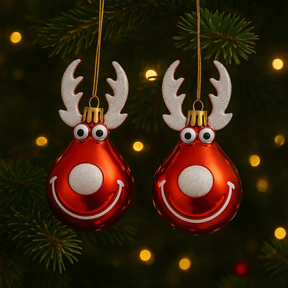 Christmas Reindeer Face Red  with Snow Nose Tip and Horns - Set of 2