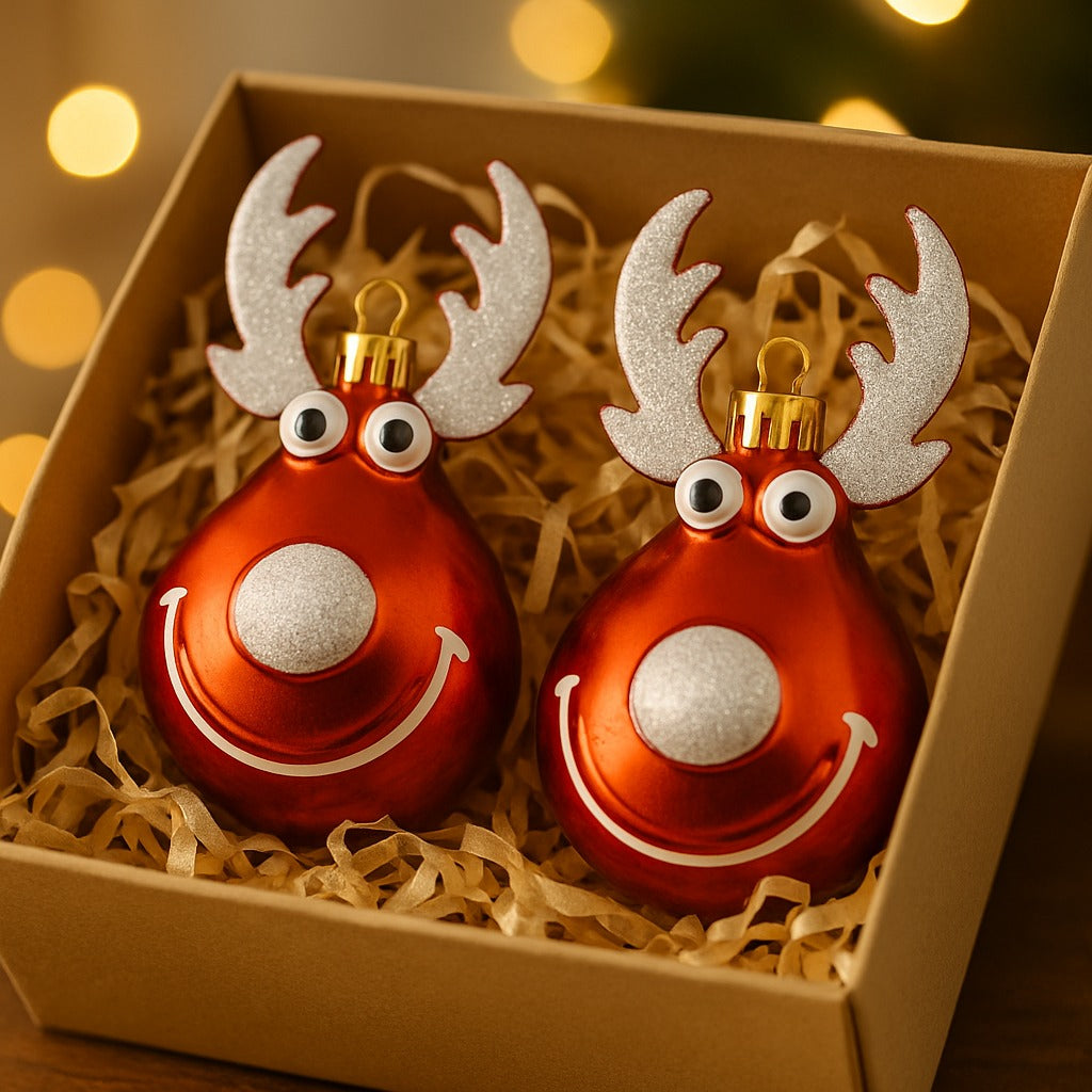 Christmas Reindeer Face Red  with Snow Nose Tip and Horns - Set of 2
