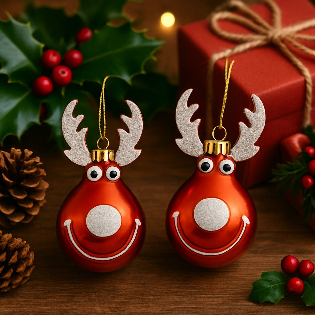 Christmas Reindeer Face Red  with Snow Nose Tip and Horns - Set of 2