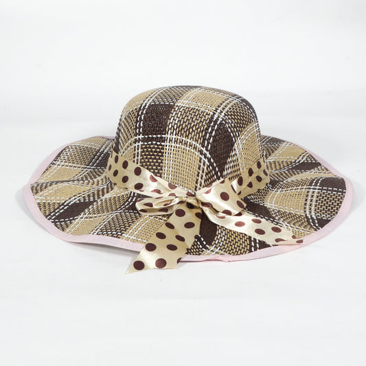 Summer Beach Hat Beige Color w/Polka Dot Silk Ribbon for Women - 1PC