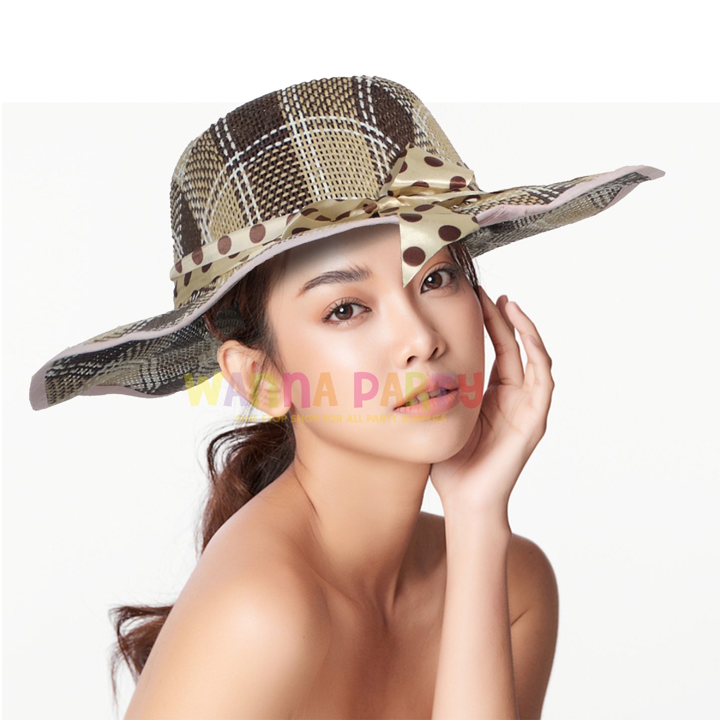 Summer Beach Hat Beige Color w/Polka Dot Silk Ribbon for Women - 1PC