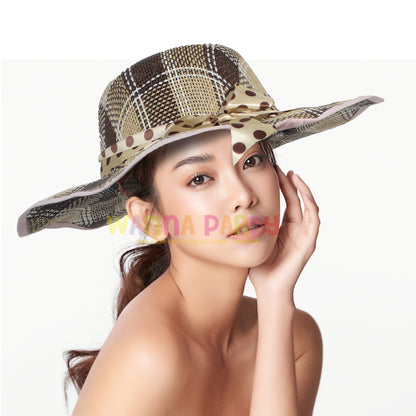 Summer Beach Hat Beige Color w/Polka Dot Silk Ribbon for Women - 1PC
