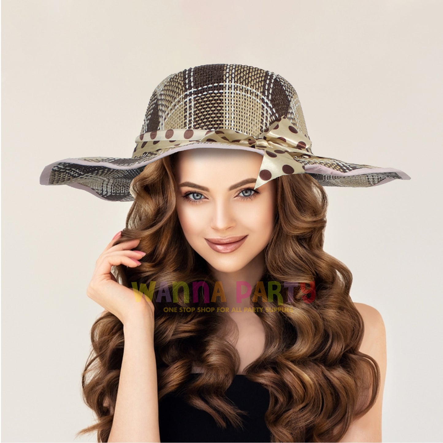 Summer Beach Hat Beige Color w/Polka Dot Silk Ribbon for Women - 1PC