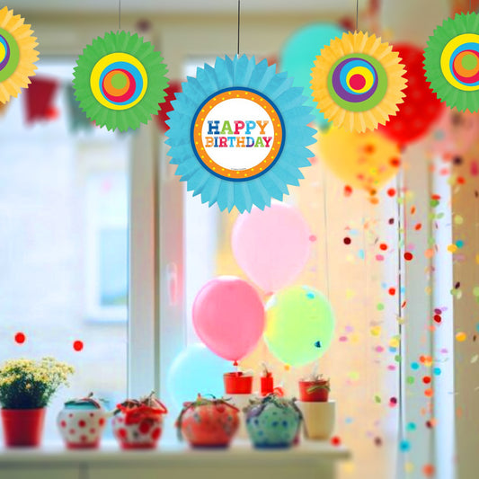 Paper Fan Decoration with Happy Birthday Cutouts - 3PC
