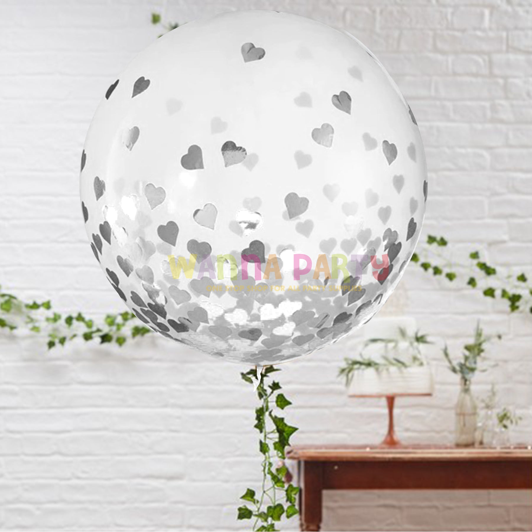 Transparent Balloons with Silver Heart Confetti