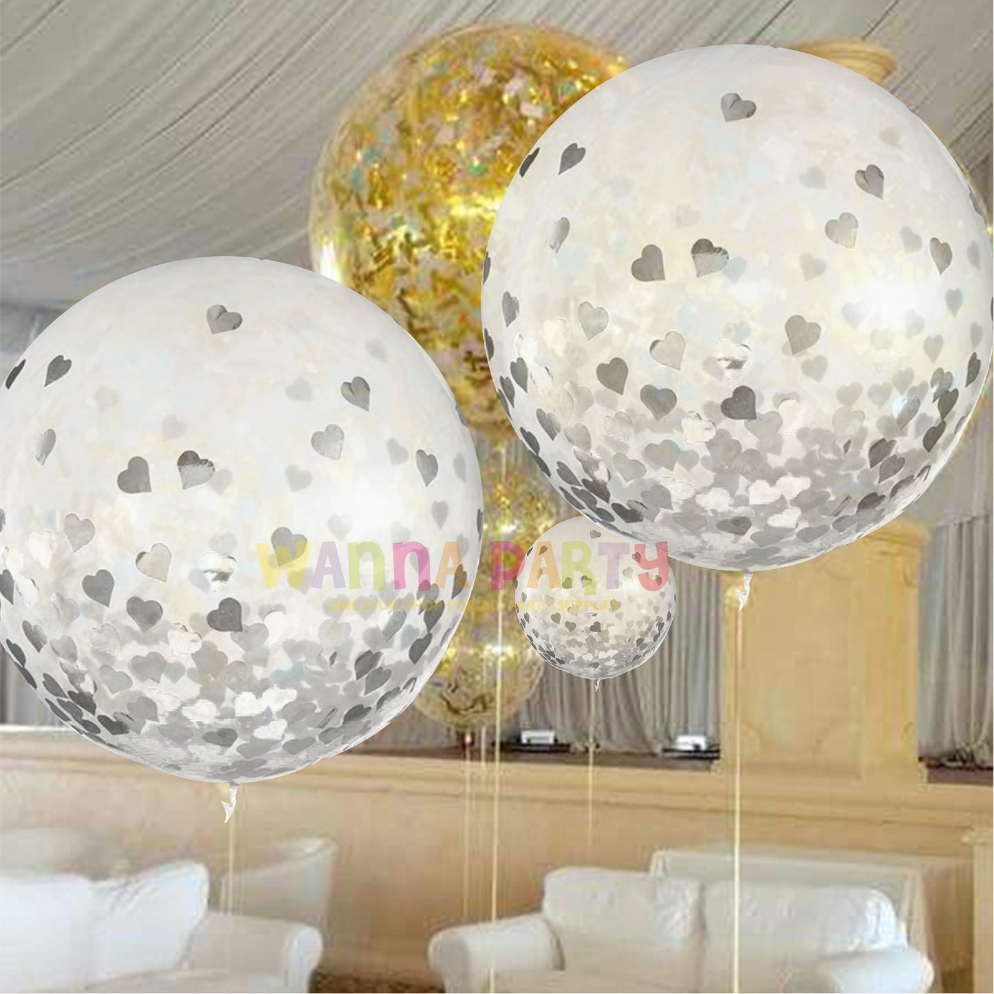 Transparent Balloons with Silver Heart Confetti