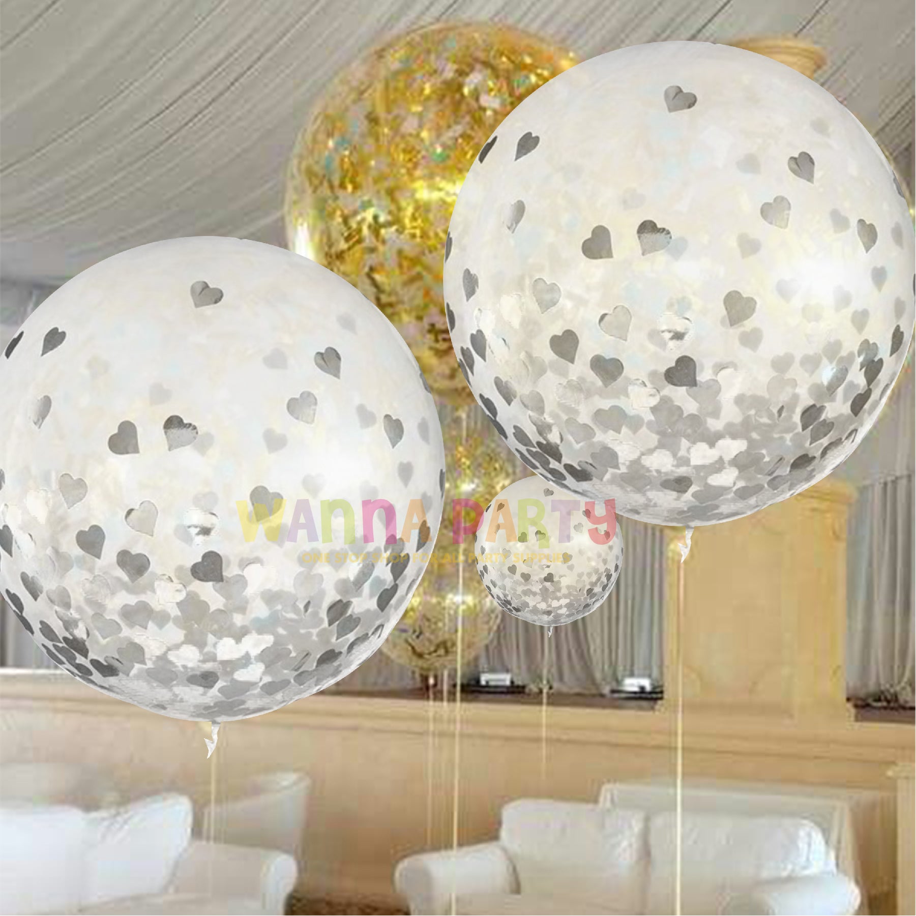 Transparent Balloons with Silver Heart Confetti