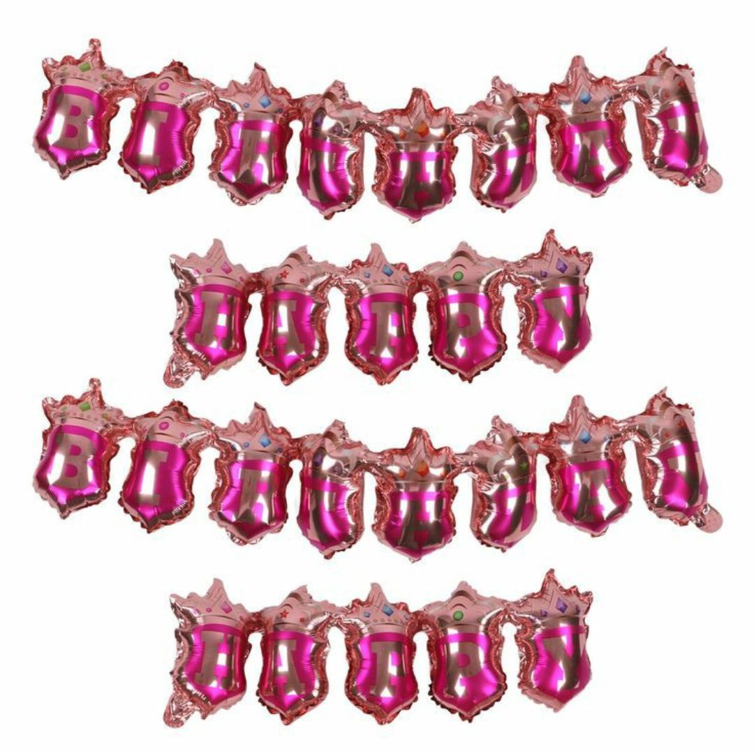 Happy Birthday Pink Crown Hanging Balloon Banner