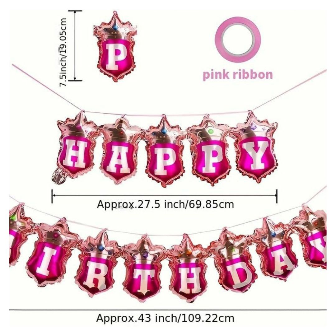 Happy Birthday Pink Crown Hanging Balloon Banner