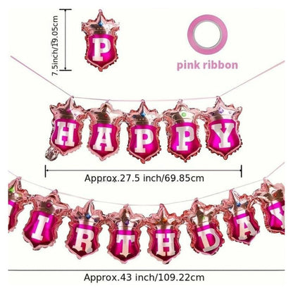 Happy Birthday Pink Crown Hanging Balloon Banner