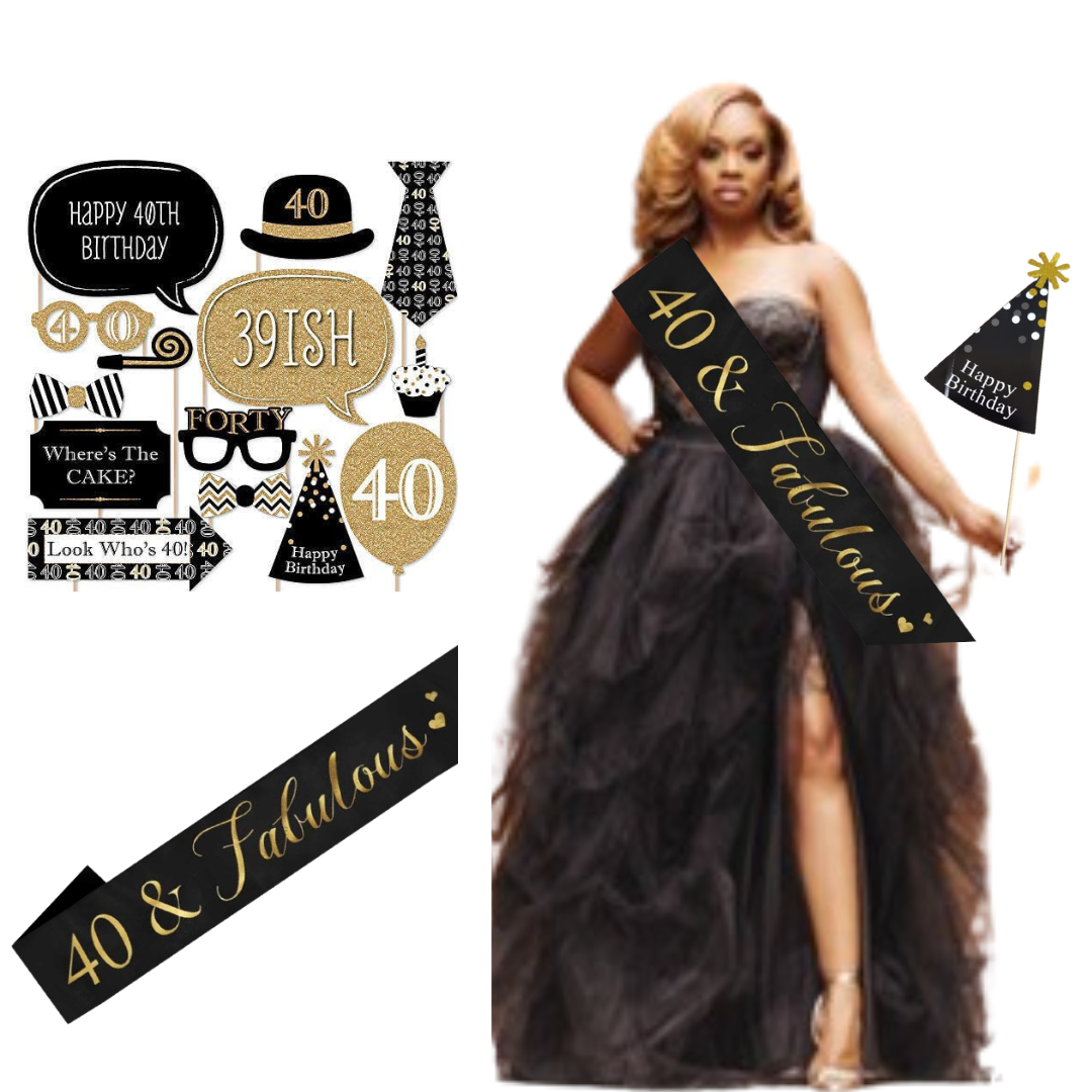 Wanna Party 40th Birthday Sash and 40th Birthday Photo Props Combo Pack for 40th Birthday Decorations for Women