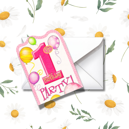 Happy 1st Birthday Princess Invites w/ Balloon Print  - 8PC