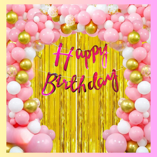Pink Happy Birthday Decoration Items for Girls - 35 pcs Gold Pink White Balloons,Golden Foil Curtain,Birthday Banner(Cardstock) for Birthday Decoration Items, Balloons for Birthday Decoration