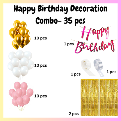 Pink Happy Birthday Decoration Items for Girls - 35 pcs Gold Pink White Balloons,Golden Foil Curtain,Birthday Banner(Cardstock) for Birthday Decoration Items, Balloons for Birthday Decoration