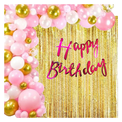 Pink Happy Birthday Decoration Items for Girls - 35 pcs Gold Pink White Balloons,Golden Foil Curtain,Birthday Banner(Cardstock) for Birthday Decoration Items, Balloons for Birthday Decoration