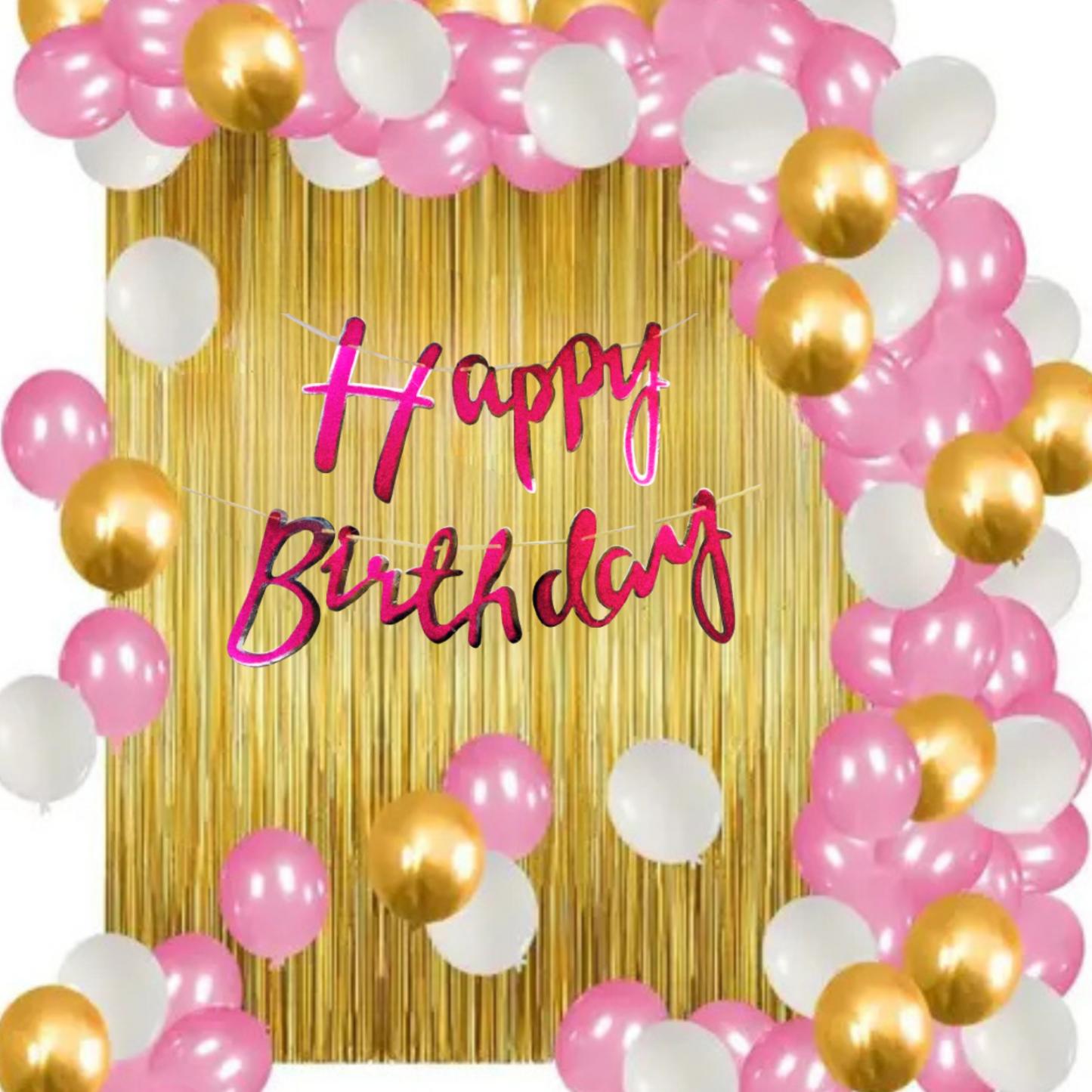 Pink Happy Birthday Decoration Items for Girls - 35 pcs Gold Pink White Balloons,Golden Foil Curtain,Birthday Banner(Cardstock) for Birthday Decoration Items, Balloons for Birthday Decoration
