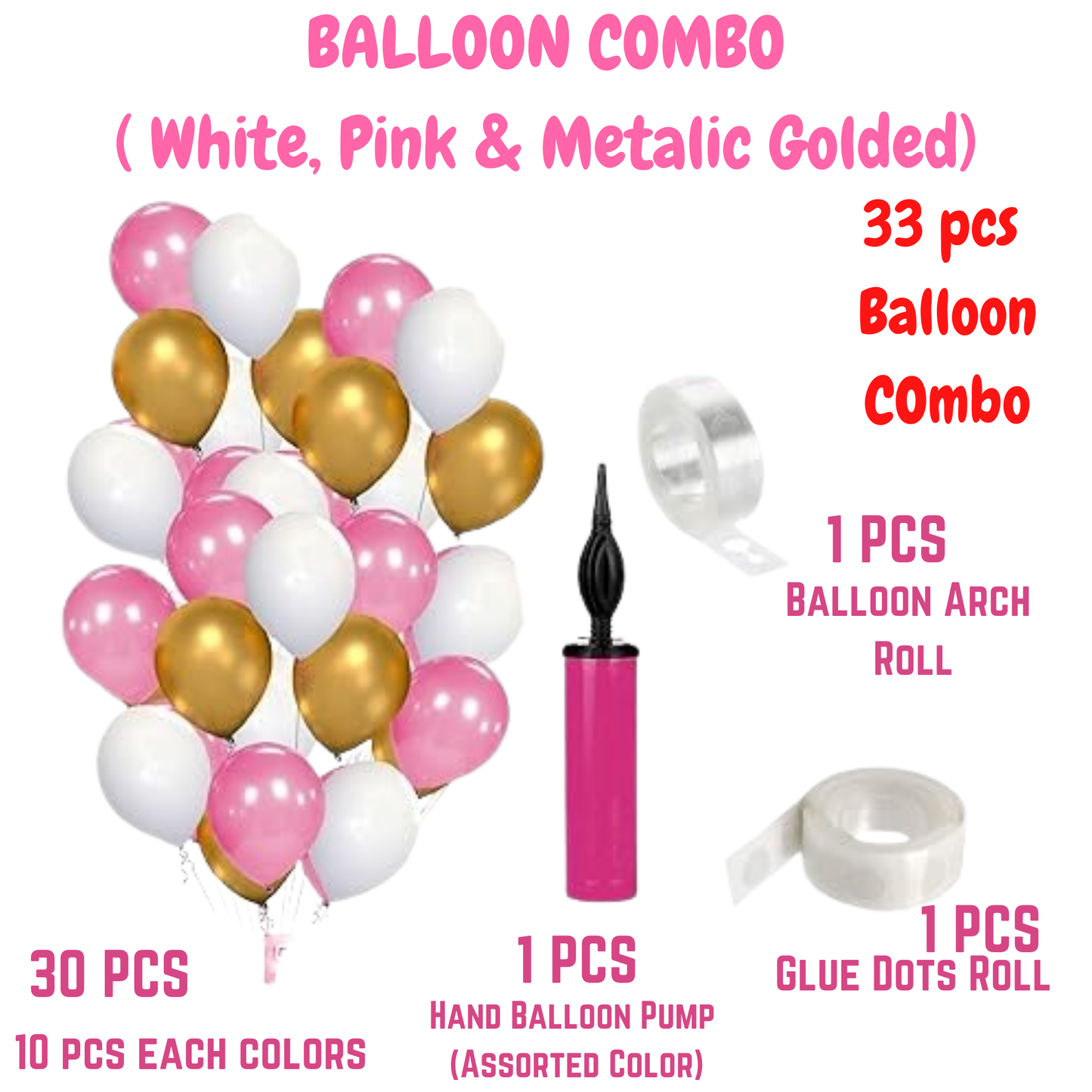 Pink White Gold Metallic Balloon Arch Garland Kit-33 PCS ,Balloon Air Hand Pump with Glue Dot and Balloon Arch Tape
