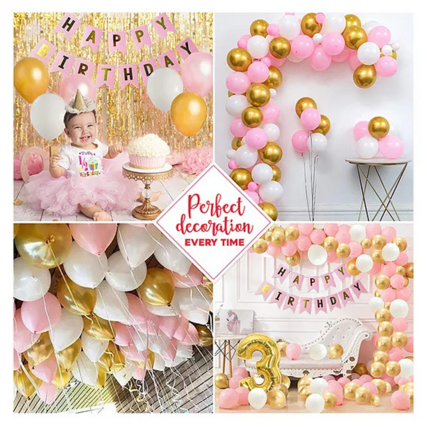 Pink White Gold Metallic Balloon Arch Garland Kit-33 PCS ,Balloon Air Hand Pump with Glue Dot and Balloon Arch Tape