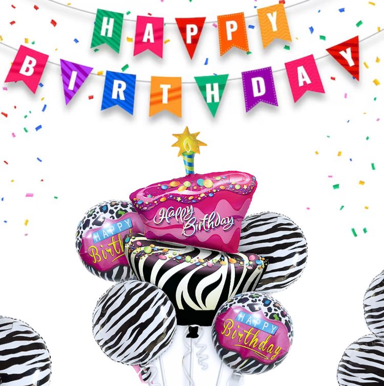 Happy Birthday Pink &amp; Black Zebra Stripes Balloon