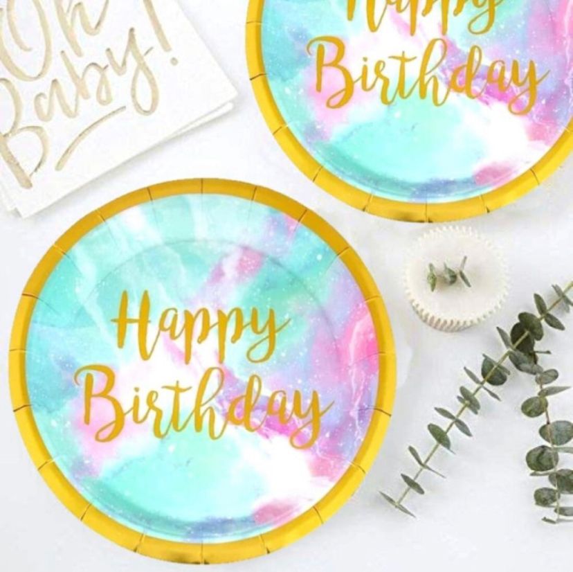 Happy Birthday Aqua Color Dessert Paper Plates 7"