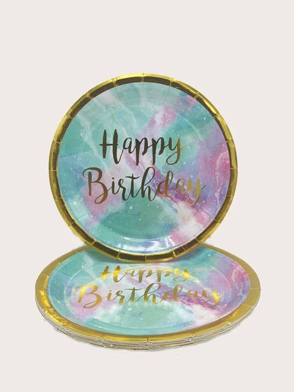 Happy Birthday Aqua Color Dessert Paper Plates 7"