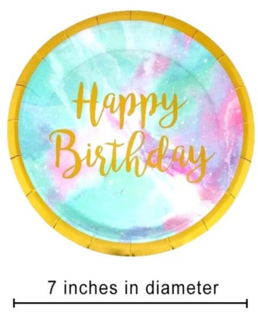 Happy Birthday Aqua Color Dessert Paper Plates 7"