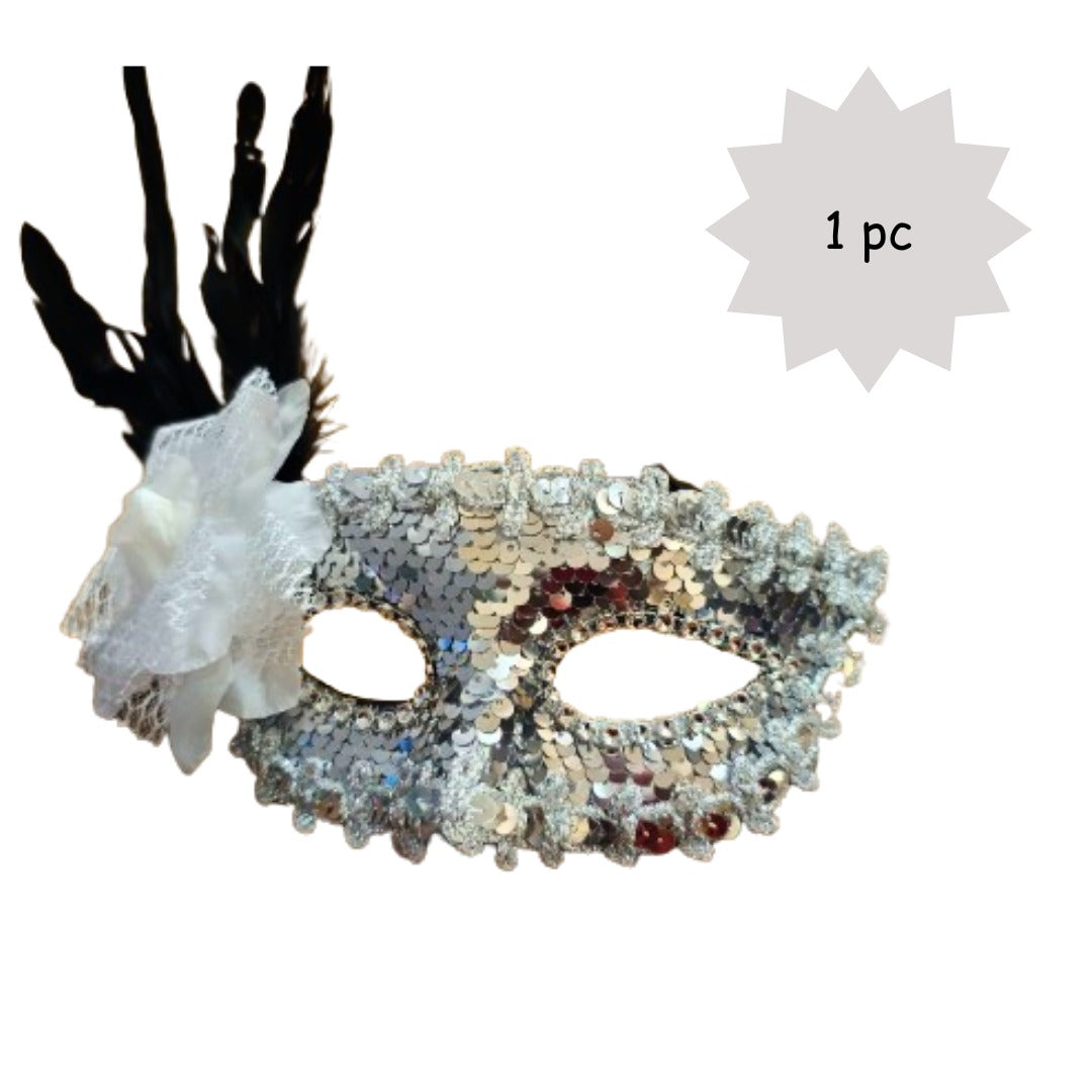 Silver Sequin Eye Mask with White Flower