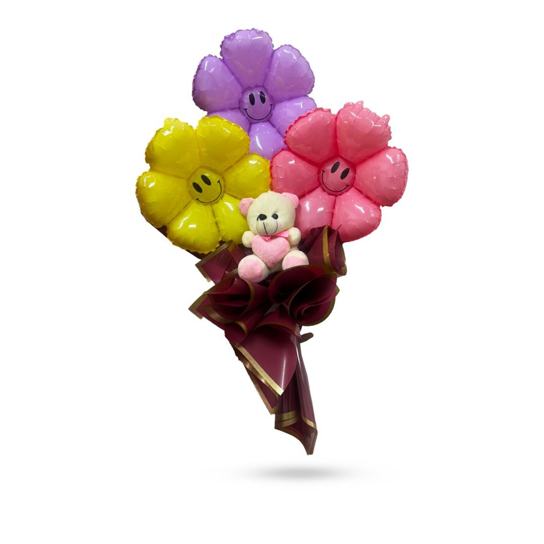 Smiely Balloon Bouquet With Teddy Bear - Set of 3