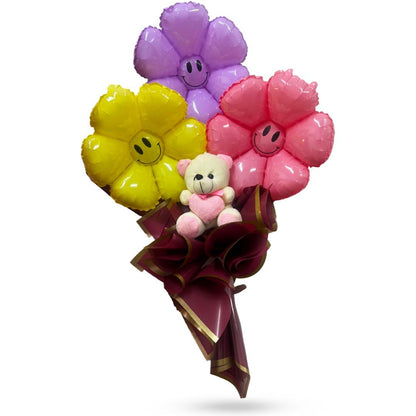 Smiely Balloon Bouquet With Teddy Bear - Set of 3