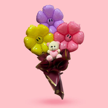 Smiely Balloon Bouquet With Teddy Bear - Set of 3