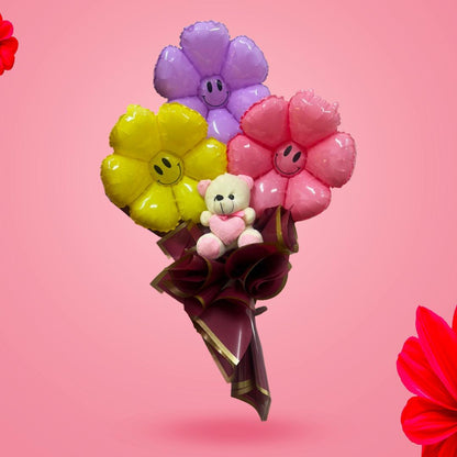 Smiely Balloon Bouquet With Teddy Bear - Set of 3