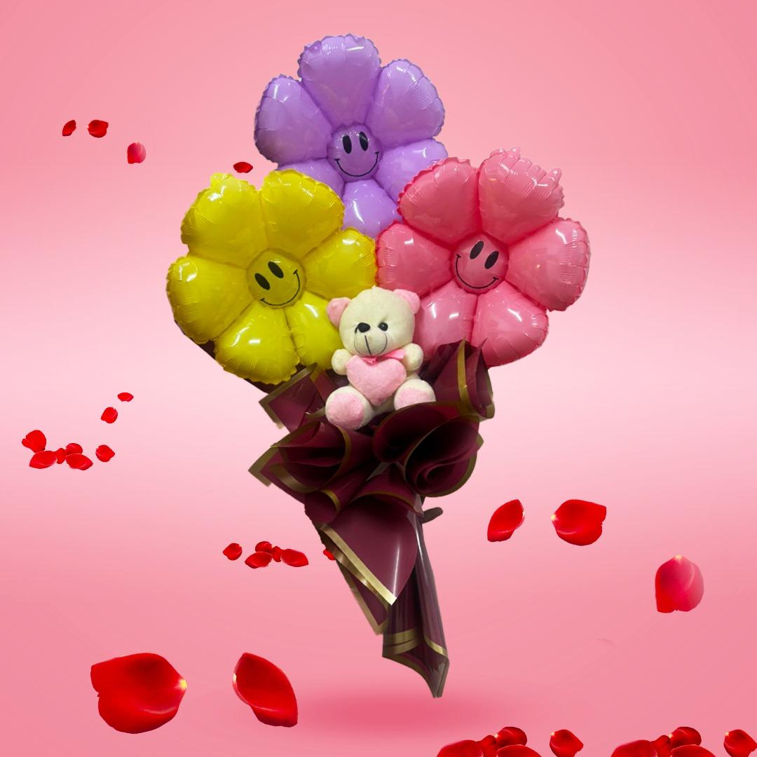 Smiely Balloon Bouquet With Teddy Bear - Set of 3