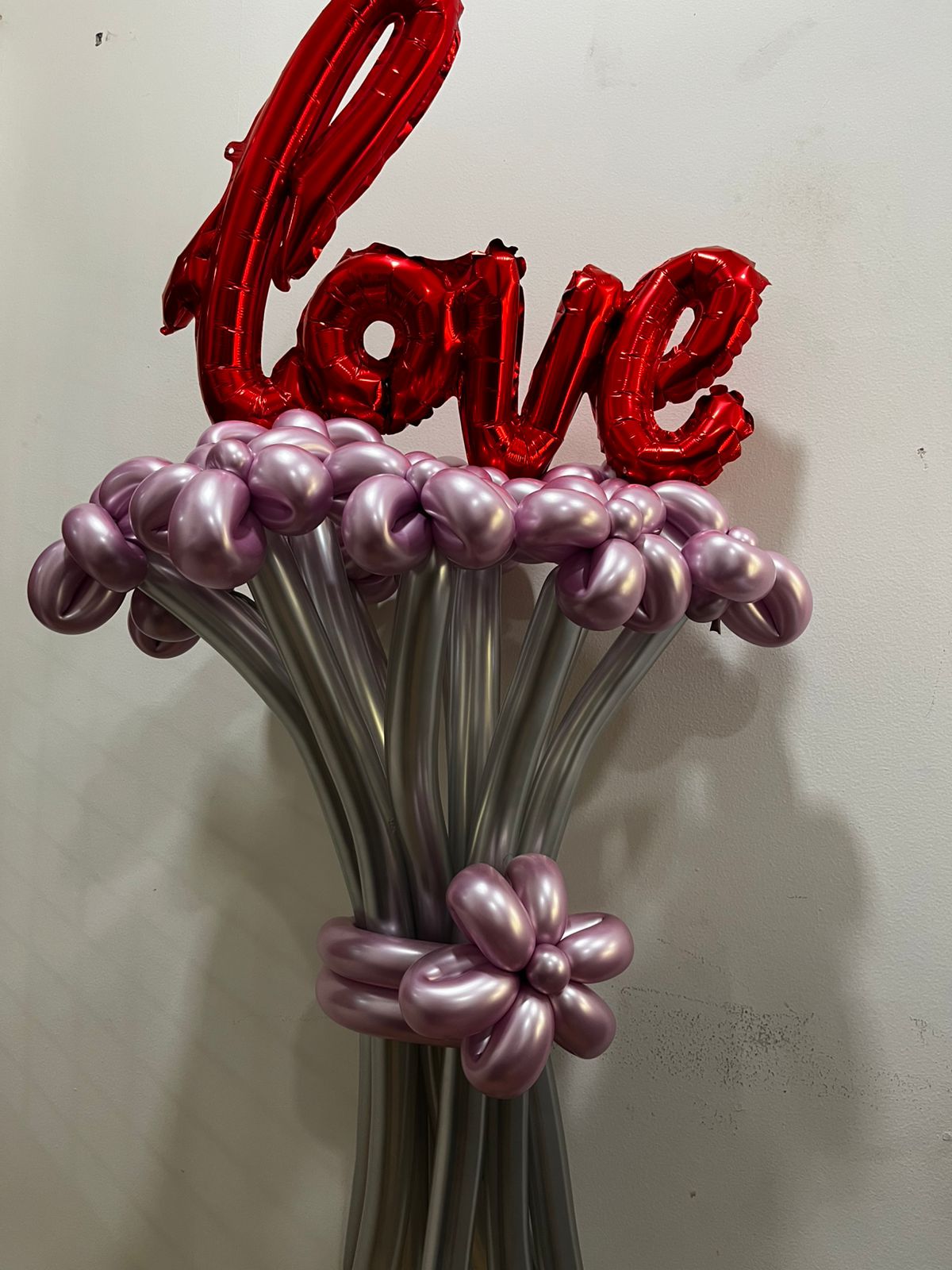 Pink Flower Balloons with SIlver Sticks and Love