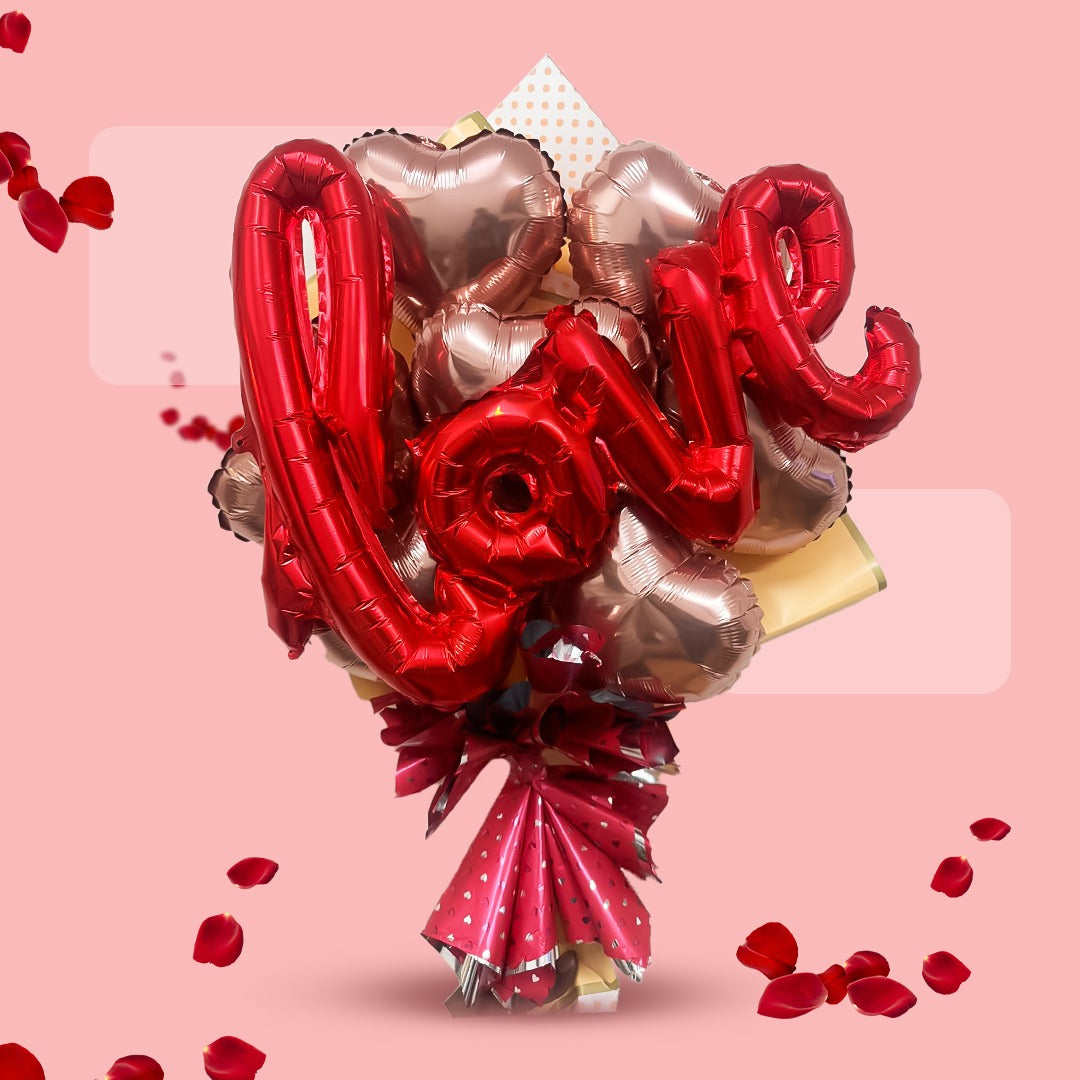 Rose Gold Heart Shaped Balloons with Red Love - Set of 8