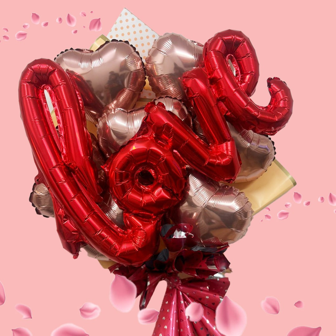 Rose Gold Heart Shaped Balloons with Red Love - Set of 8