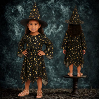 Spooky Witch Black & Golden Costume w/Hat for Kids