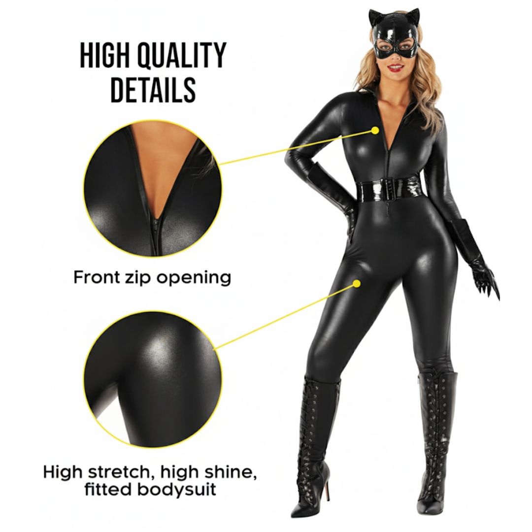 Adult Cat Leatherite Jumpsuit Costume w/Cat Mask