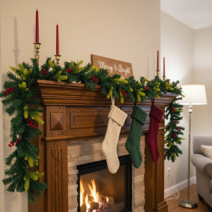 Christmas Thick Garland with Pine and Grass Finish and Cherries - 9FT