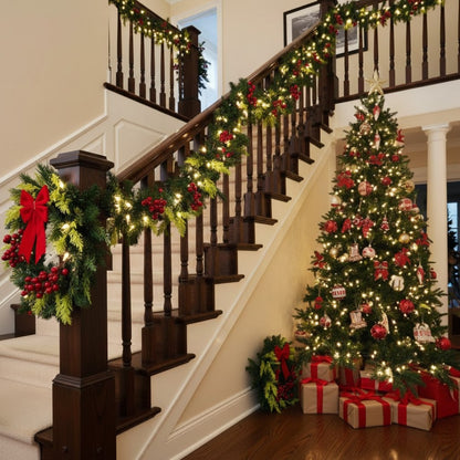 Christmas Thick Garland with Pine and Grass Finish and Cherries - 9FT